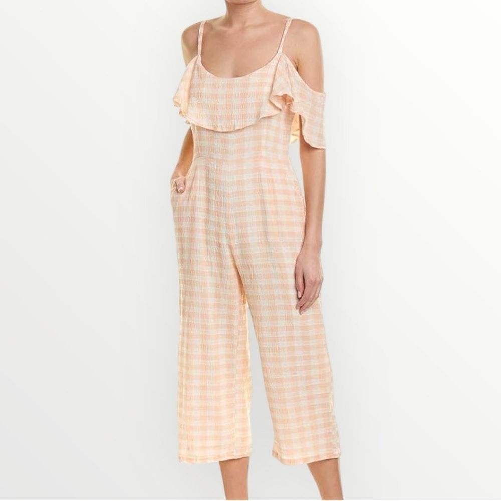BB Dakota Women's Kande Gingham Ruffle Jumpsuit Salmon Size 2